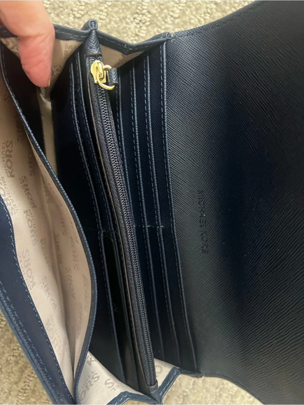 Michael Kors Midnight Blue Pebbled Leather Wallet with Gold MK Emblem